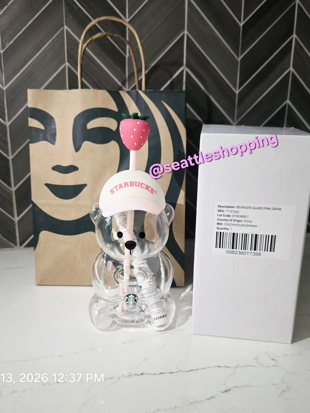 Starbucks Pink Strawberry Bear Bearista Glass Cup with Straw July 2026
